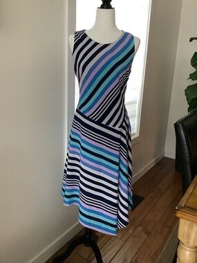 Nicole Miller Striped Sleeveless Midi Dress in Navy, Light Blue & Lavender